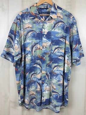Vintage 1990s Nautica Men’s Short Sleeve Hawaiian Shirt Swordfish Fishing XL